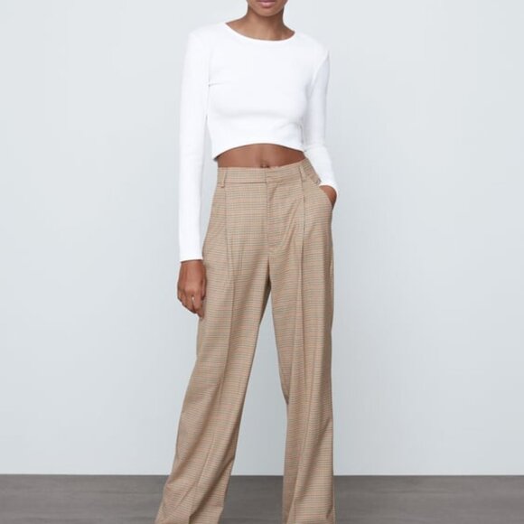 Zara brown houndstooth wide leg pants w/ pockets, pleats & belt loops, sz S - Picture 2 of 6